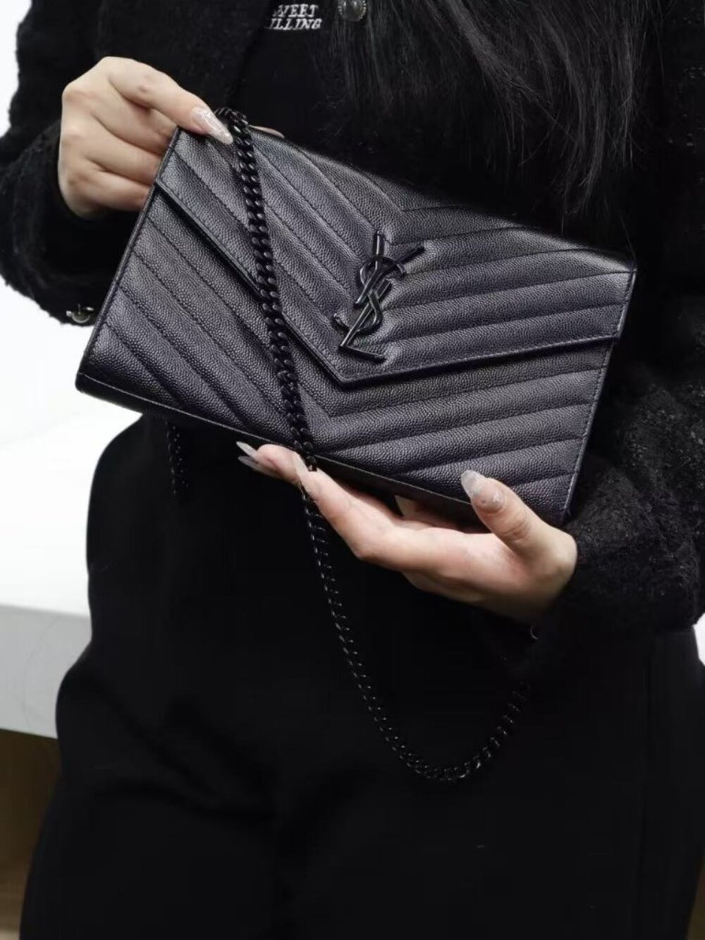 SAINT LAURENT YSL Envelope Black Label Logo Leather Envelope Bag